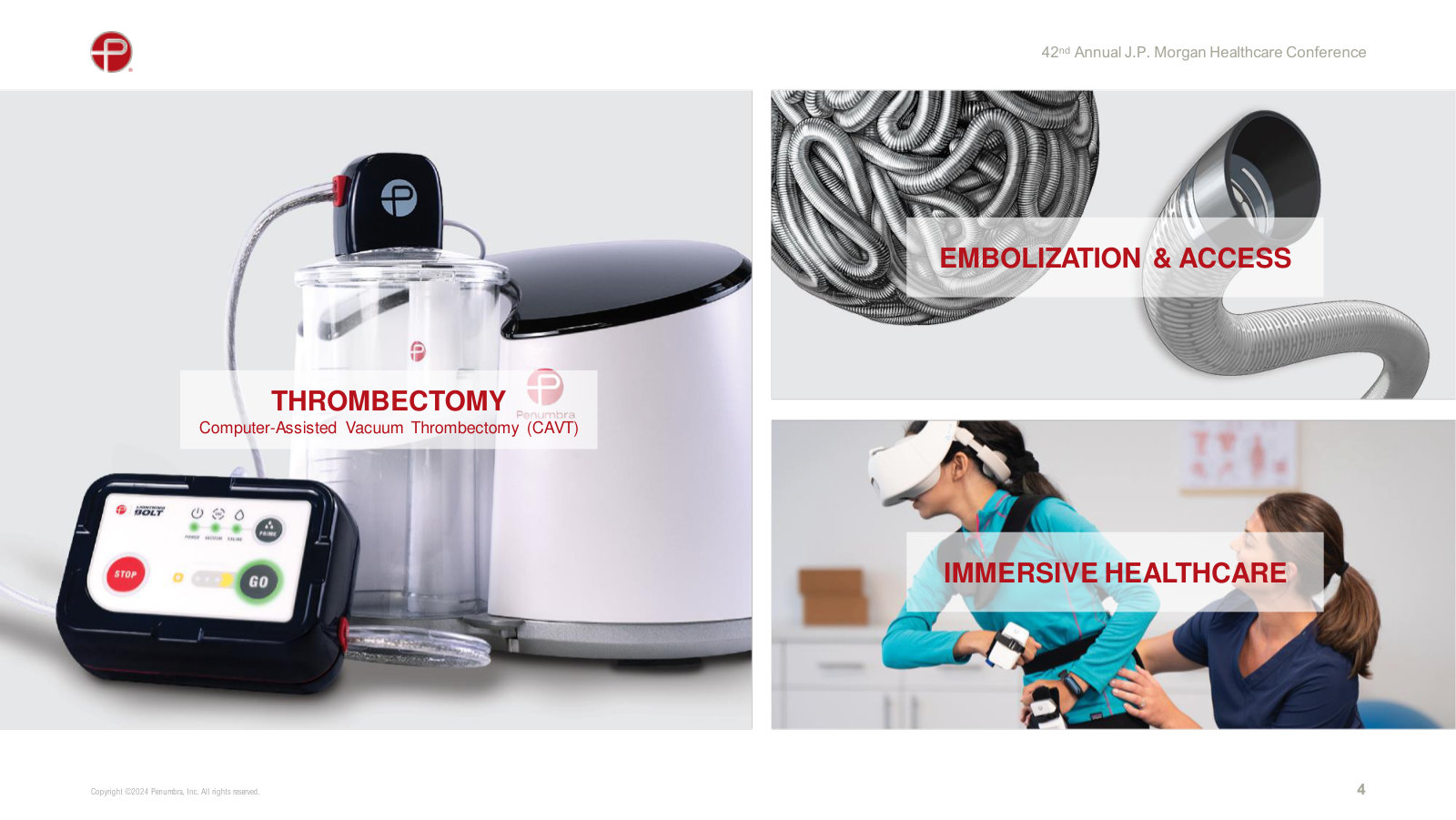 The three franchises in one view: computer-assisted vacuum thrombectomy, embolization & access, and immersive-VR rehabilitation.