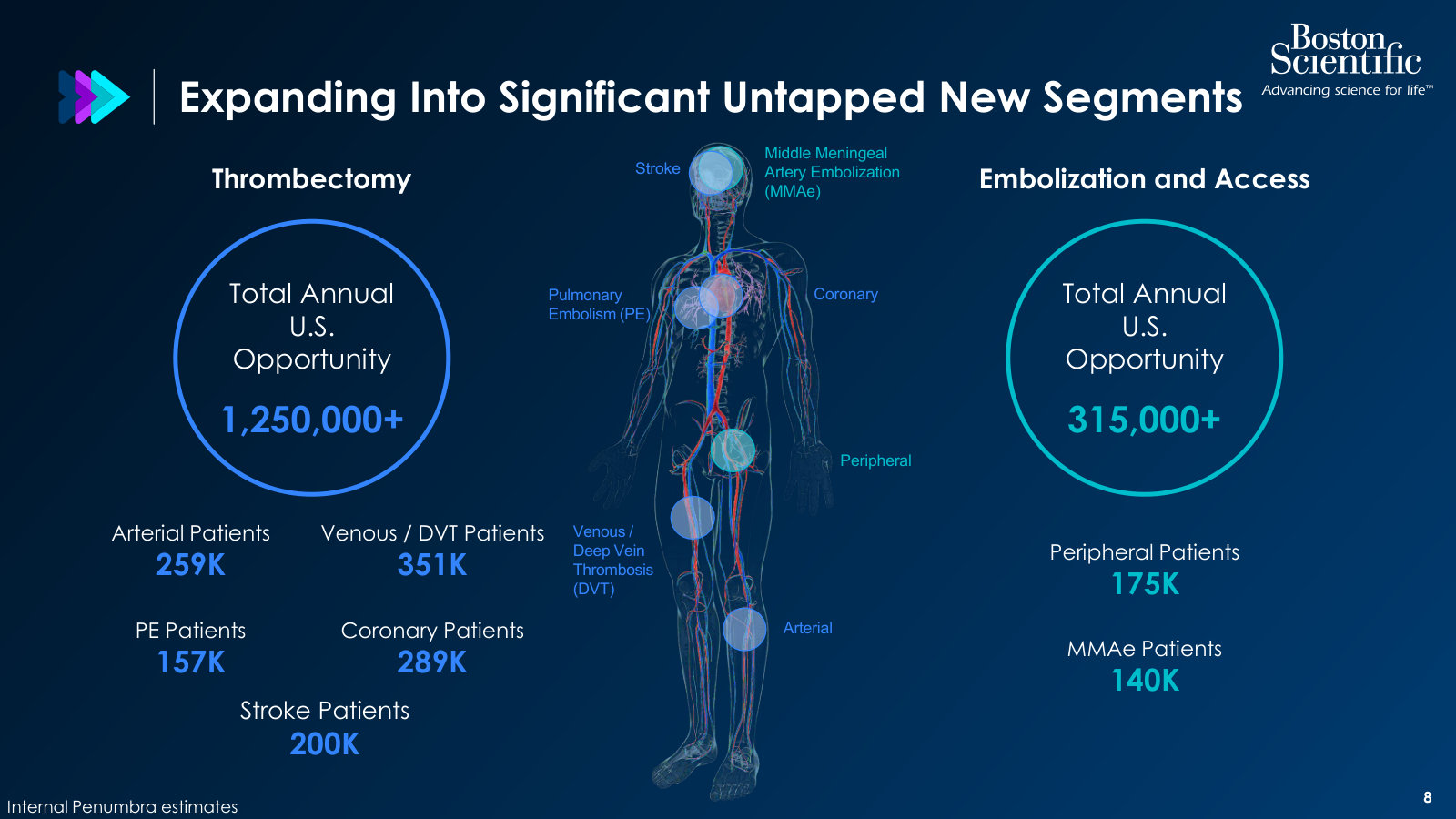 The addressable market mapped onto the body — 1.25M+ annual U.S. thrombectomy patients and 315K+ embolization, broken out by indication.